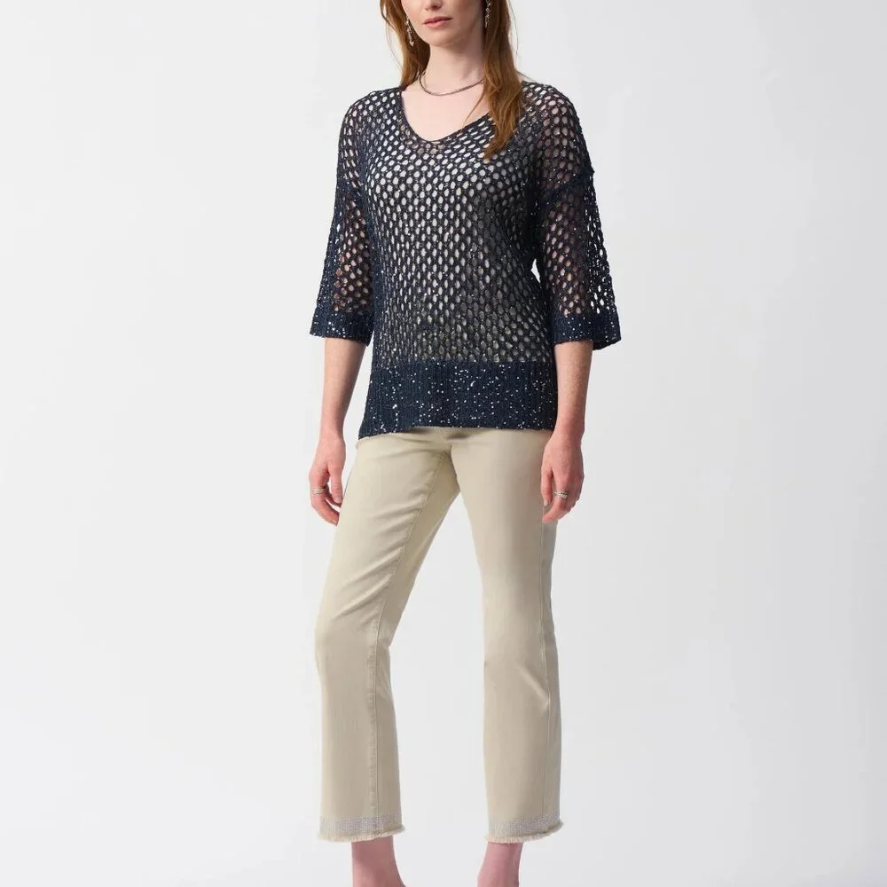 NEW JOSEPH RIBKOFF Midnight Blue Stitch Sweater with Sequins Size S/P